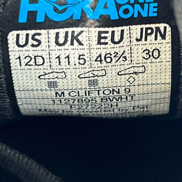 Hoka One One Clifton 9 Mens Size 12 Black Athletic Running Sneakers Shoe 1127895 - Picture 8 of 8